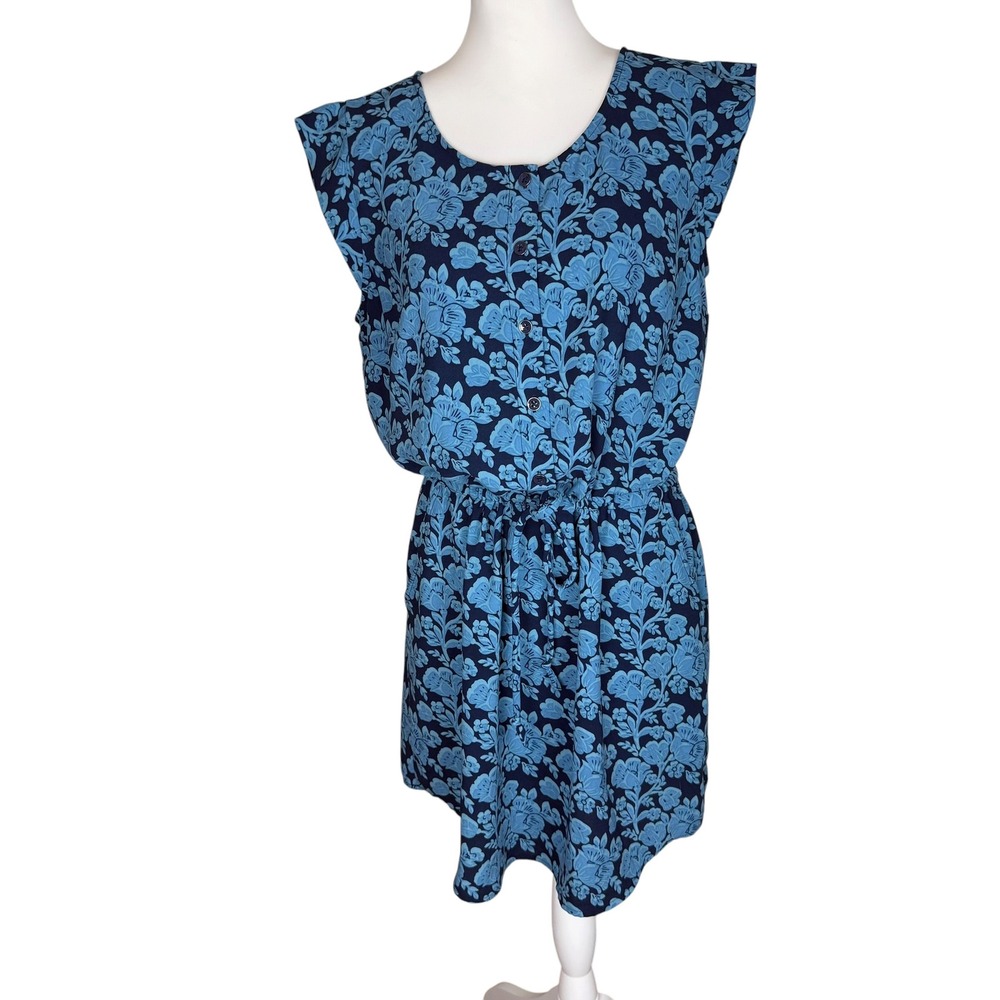 Cabi Java Dress Womens Medium Blue Floral Sleeveless Button Front Pockets 5265